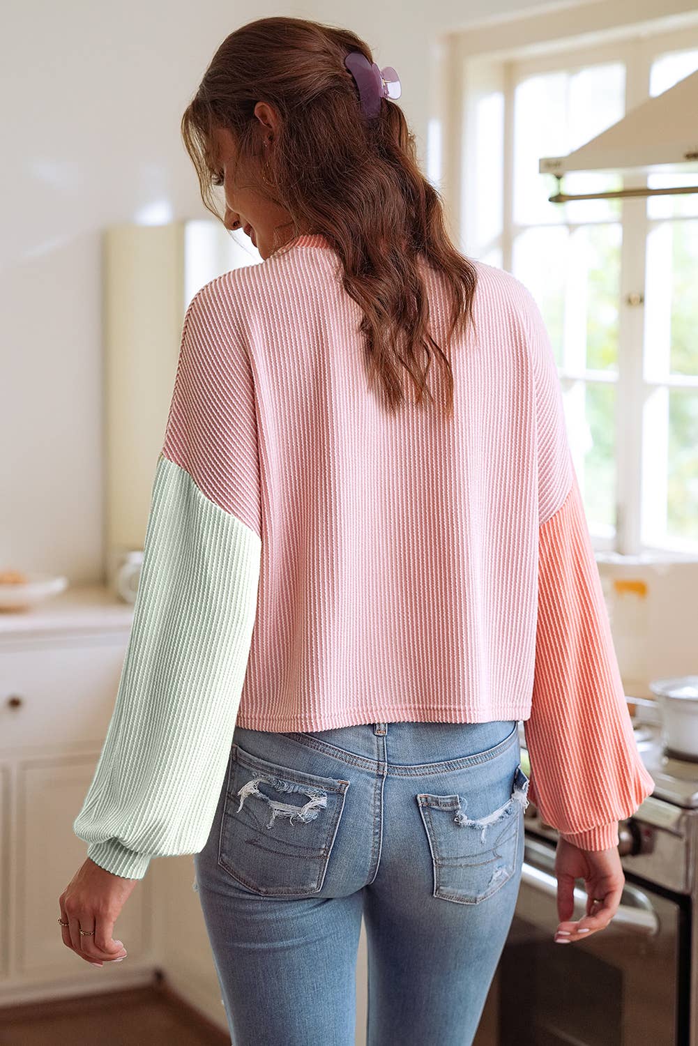 Colorblock Patchwork Drop Shoulder Long Sleeve Top: M